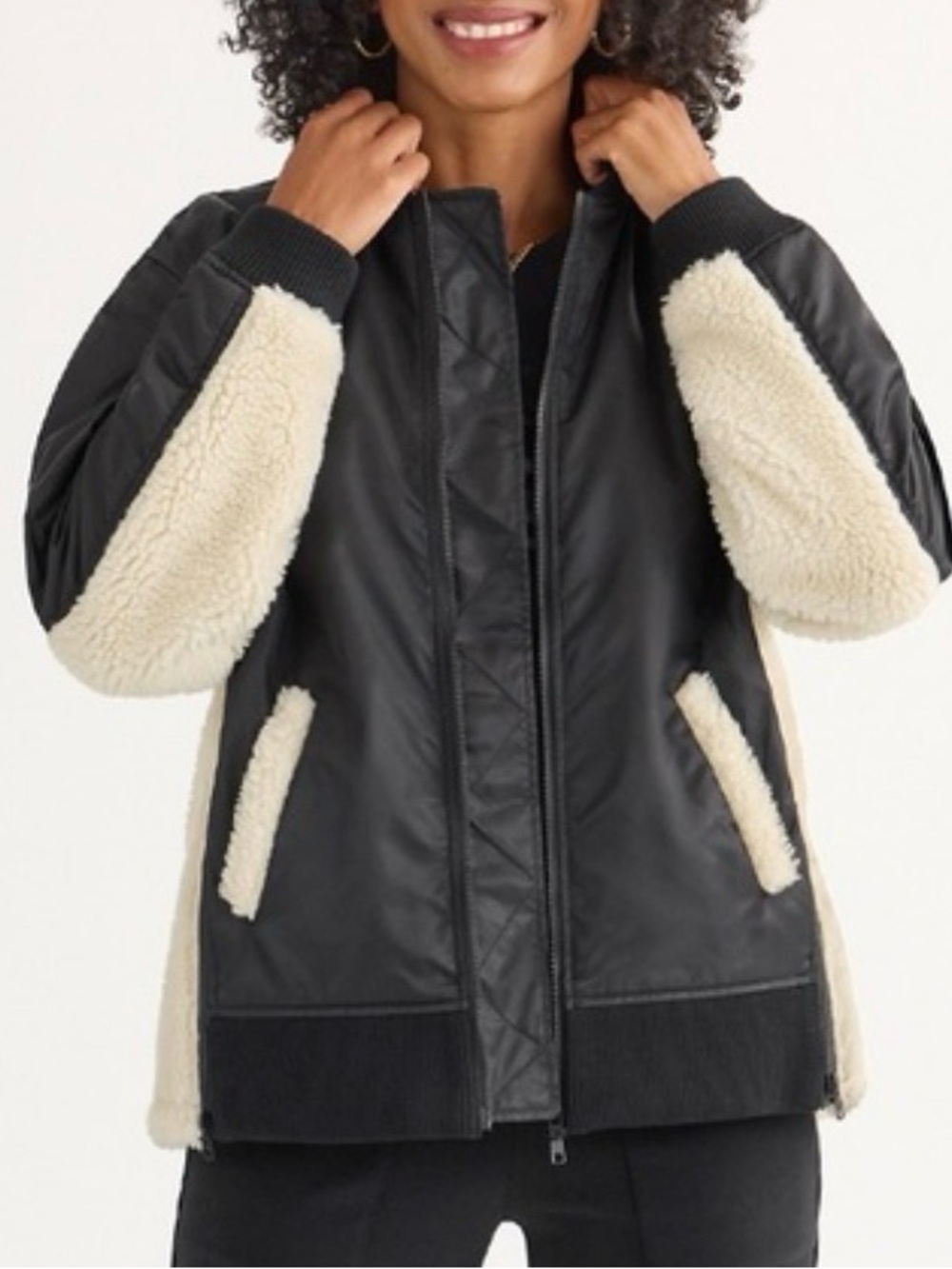 Cabi Charisma Bomber Black With Off-White Fleece Full Zip Jacket #4782 Womens Xs